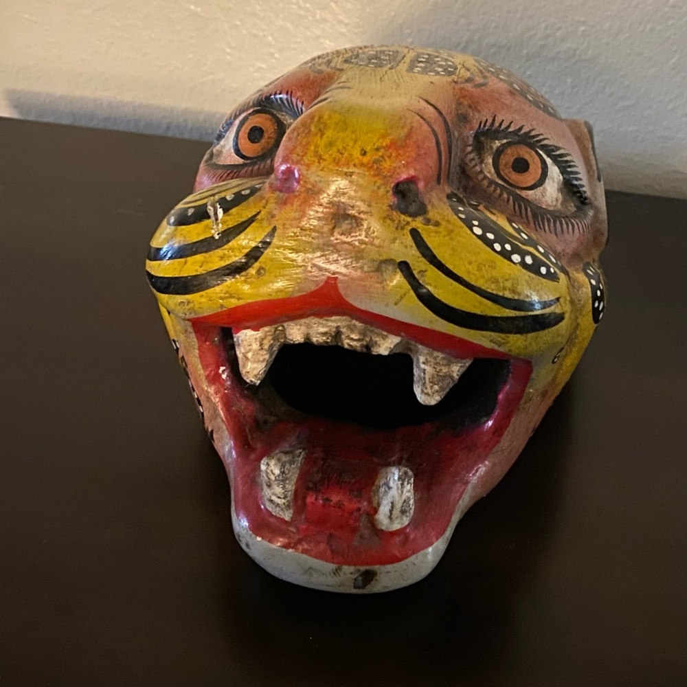 Handcrafted Mexican Folk Art Carved Wood Jaguar Leopard Wall Mask Sculpture - Picture 4 of 7
